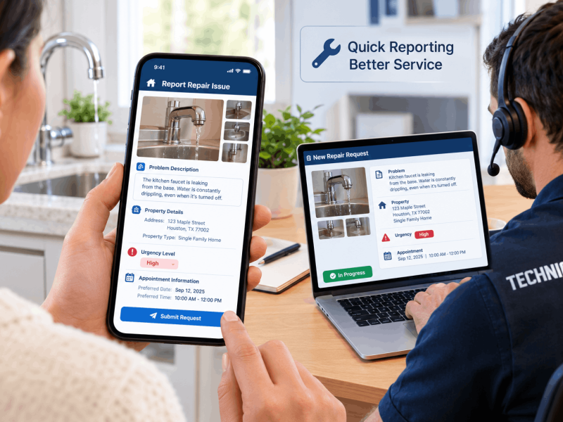 Homeowner preparing photos and details to describe a home repair problem
