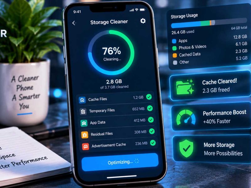 Smartphone screen displaying storage clean-up settings and cached data optimization