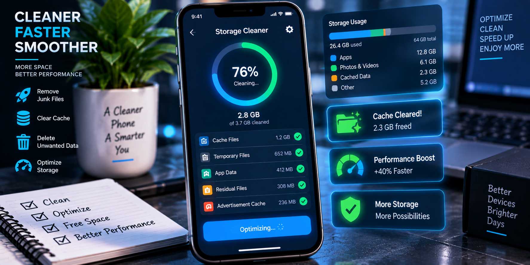 Smartphone screen displaying storage clean-up settings and cached data optimization