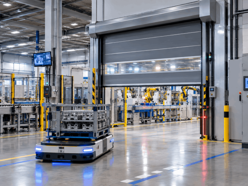 Smart factory automation with an industrial door and AGV