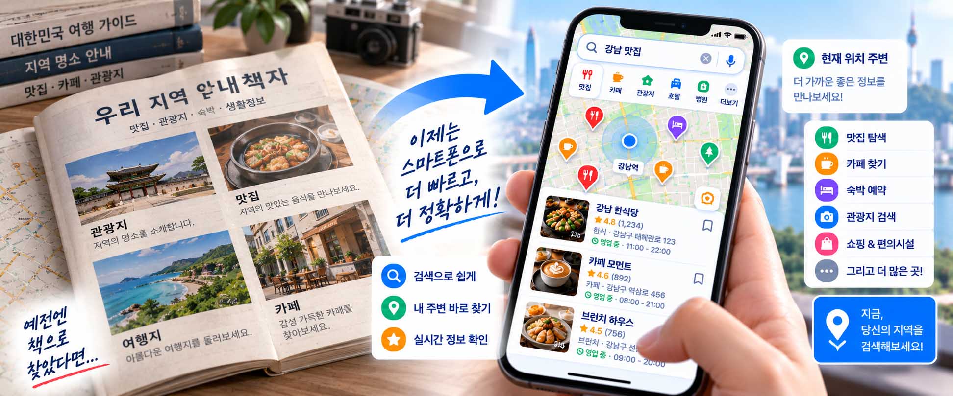 지역검색의 디지털화 플레이스와 온라인 지역정보 탐색의 변화를 보여주는 화면