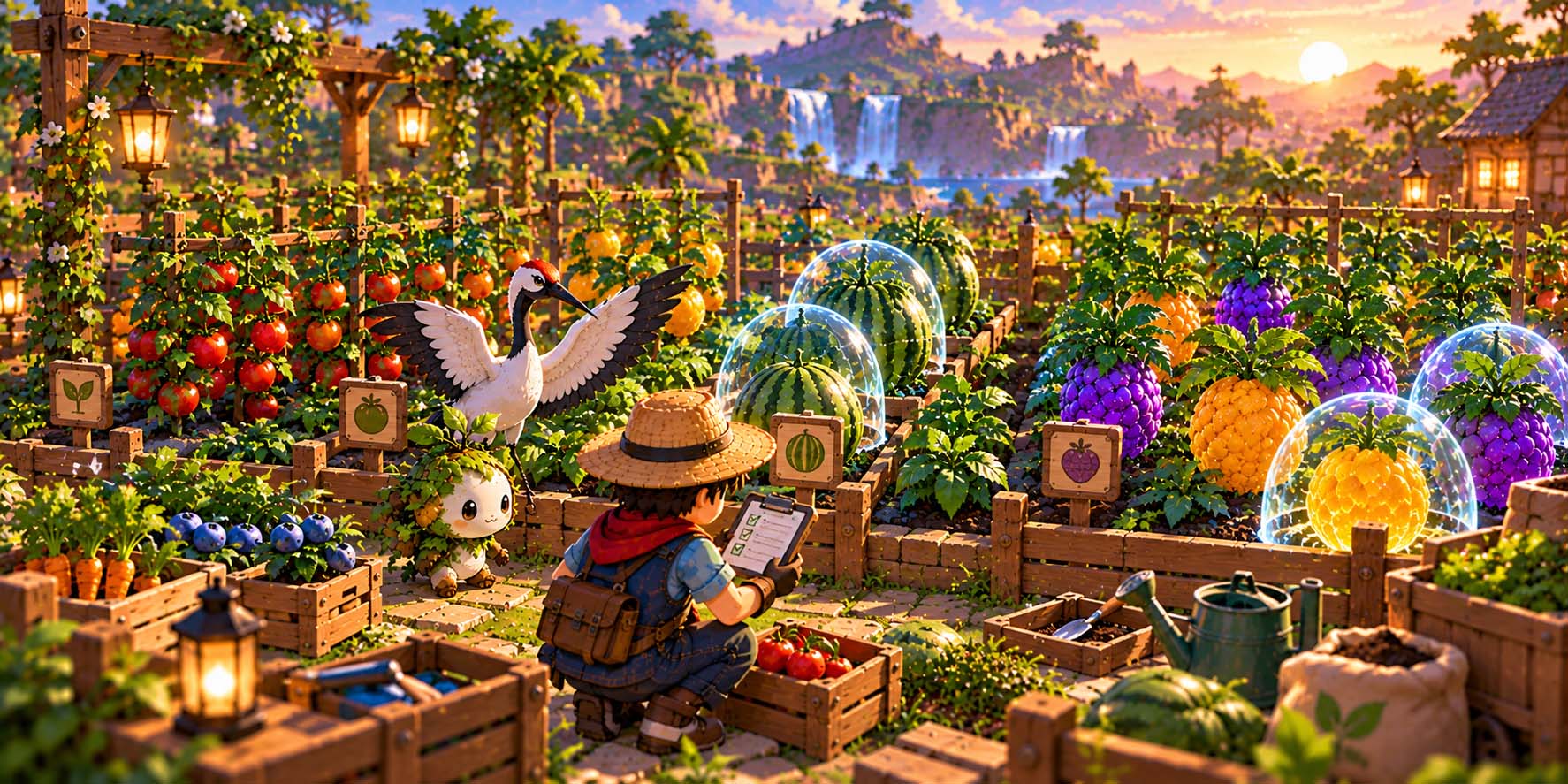 Player preparing a garden for mutation events with mature crops and pets ready